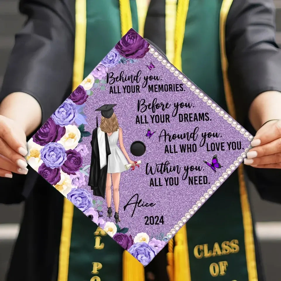 Behind You Flowers Senior Graduation Gift Personalized Printed Graduation Cap Topper (Not Real Glitter)