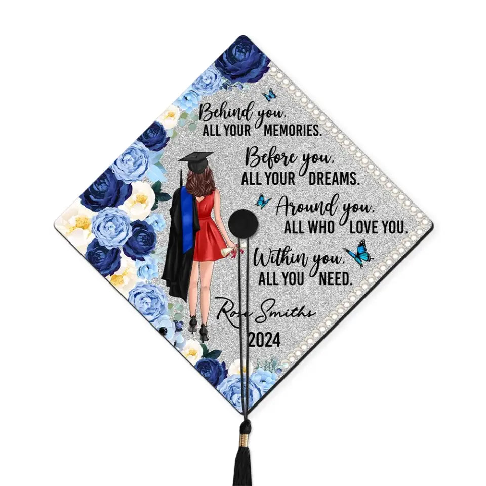 Behind You Flowers Senior Graduation Gift Personalized Printed Graduation Cap Topper (Not Real Glitter)