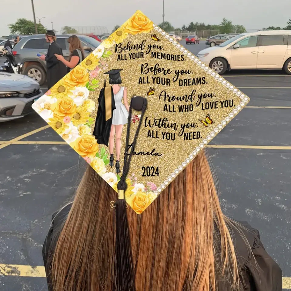 Behind You Flowers Senior Graduation Gift Personalized Printed Graduation Cap Topper (Not Real Glitter)