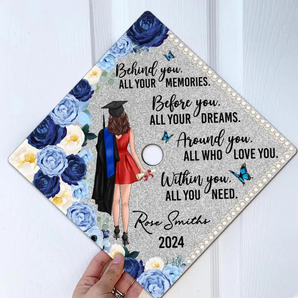 Behind You Flowers Senior Graduation Gift Personalized Printed Graduation Cap Topper (Not Real Glitter)