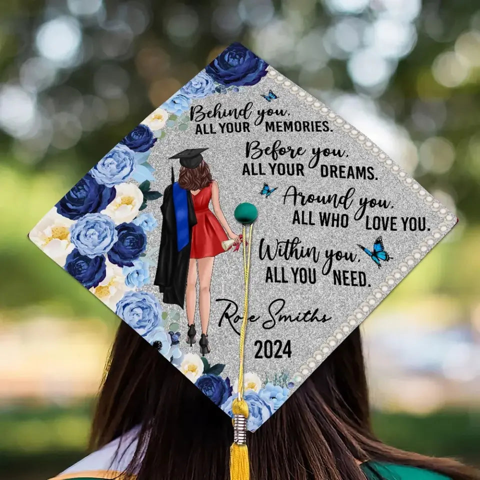 Behind You Flowers Senior Graduation Gift Personalized Printed Graduation Cap Topper (Not Real Glitter)