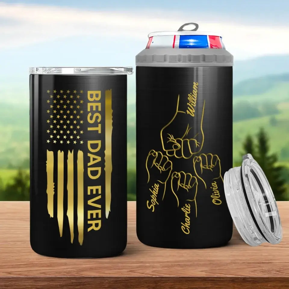 Best Dad Papa Grandpa Ever Fist Bump Outline Nation Flag Father‘s Day Gift For Husband Father Figures Personalized 4 In 1 Can Cooler