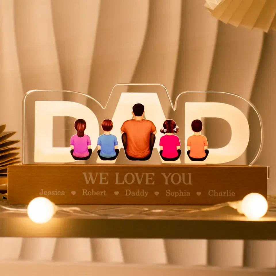 DAD Family Sitting Back View Personalized Acrylic LED Night Light, Father's Day Gift For Dad, Gift For Husband