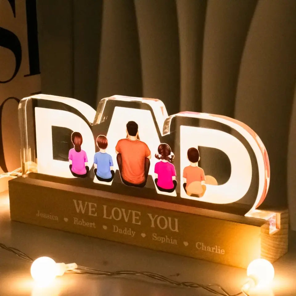 DAD Family Sitting Back View Personalized Acrylic LED Night Light, Father's Day Gift For Dad, Gift For Husband