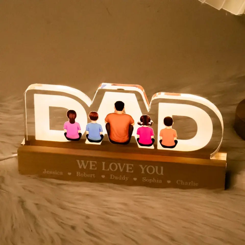 DAD Family Sitting Back View Personalized Acrylic LED Night Light, Father's Day Gift For Dad, Gift For Husband