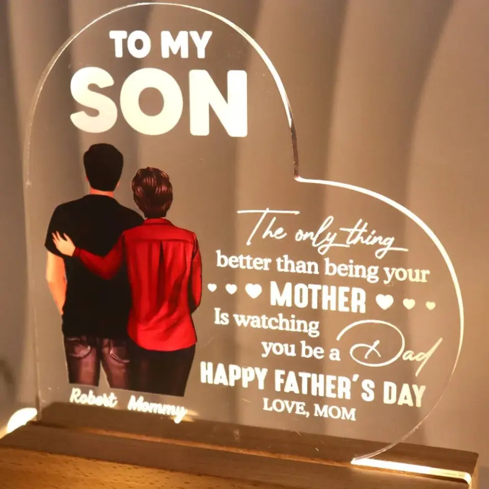 From Mom To Son Happy Father's Day Personalized Heart Acrylic Warm LED Night Light, Heartfelt Father's Day Gift For Son