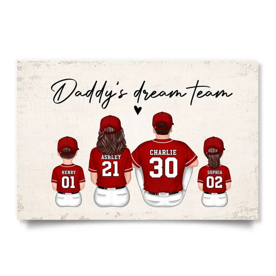 Daddy's Team Baseball Family Sitting Personalized Poster, Father's Day Gift For Dad, Grandpa, Husband