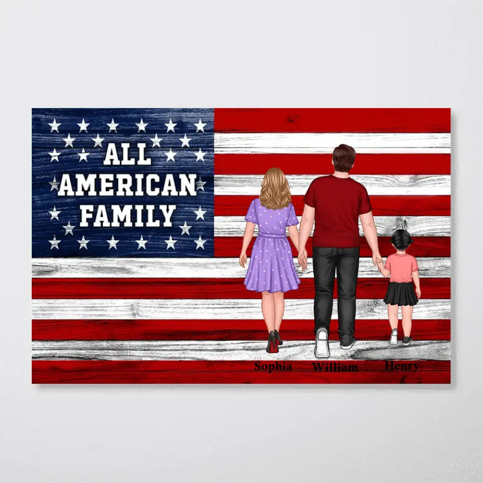 American Nation Flag Whole Family Walking With Proud 4th Of July Independence Day Personalized Poster