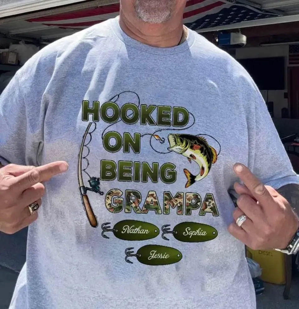 Hooked On Being Grandpa Papa Fishing Camouflage Personalized Shirt, Father's Day Gift For Grandpa, Dad, Husband