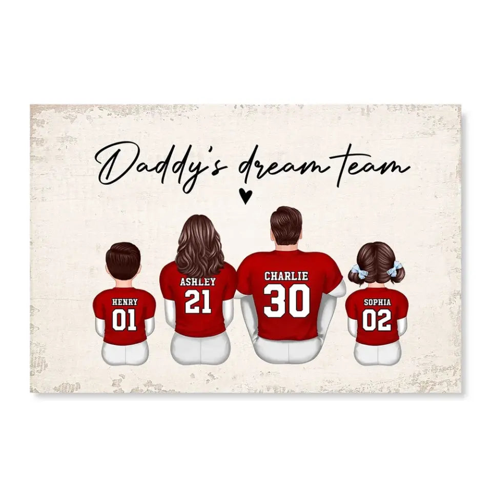 Daddy's Team Football Family Sitting Personalized Poster, Father's Day Gift For Dad, Grandpa, Husband