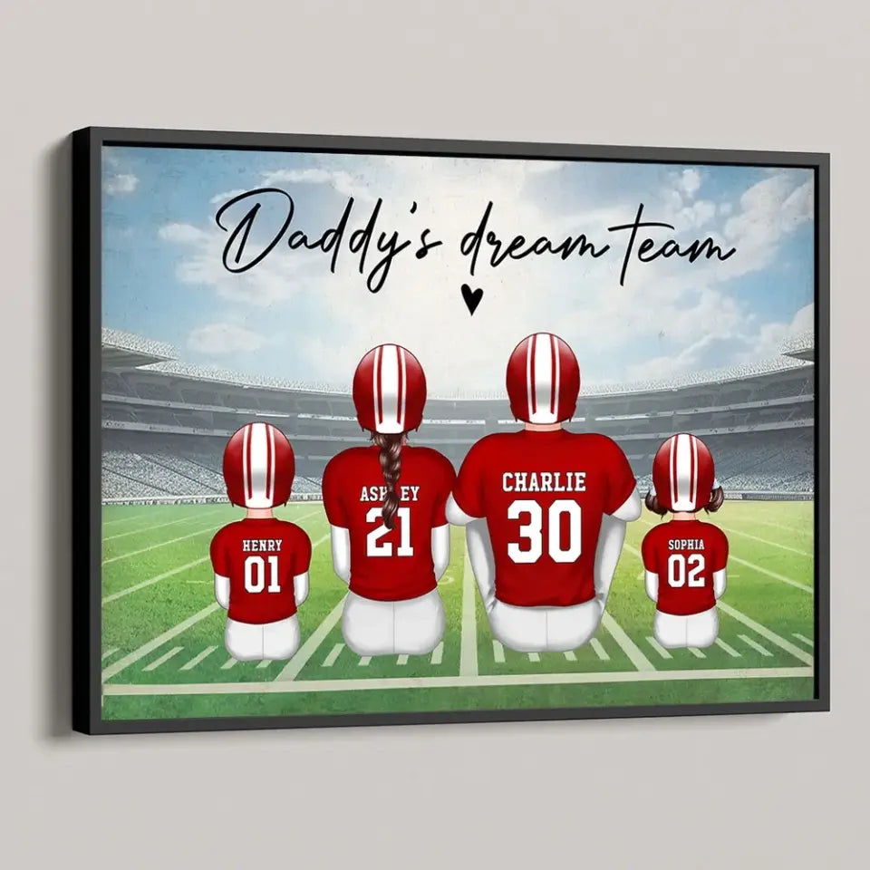 Daddy's Team Football Family Sitting Personalized Poster, Father's Day Gift For Dad, Grandpa, Husband