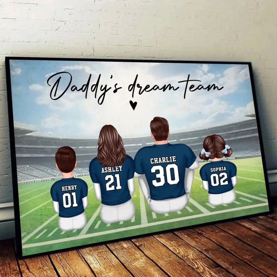 Daddy's Team Football Family Sitting Personalized Poster, Father's Day Gift For Dad, Grandpa, Husband