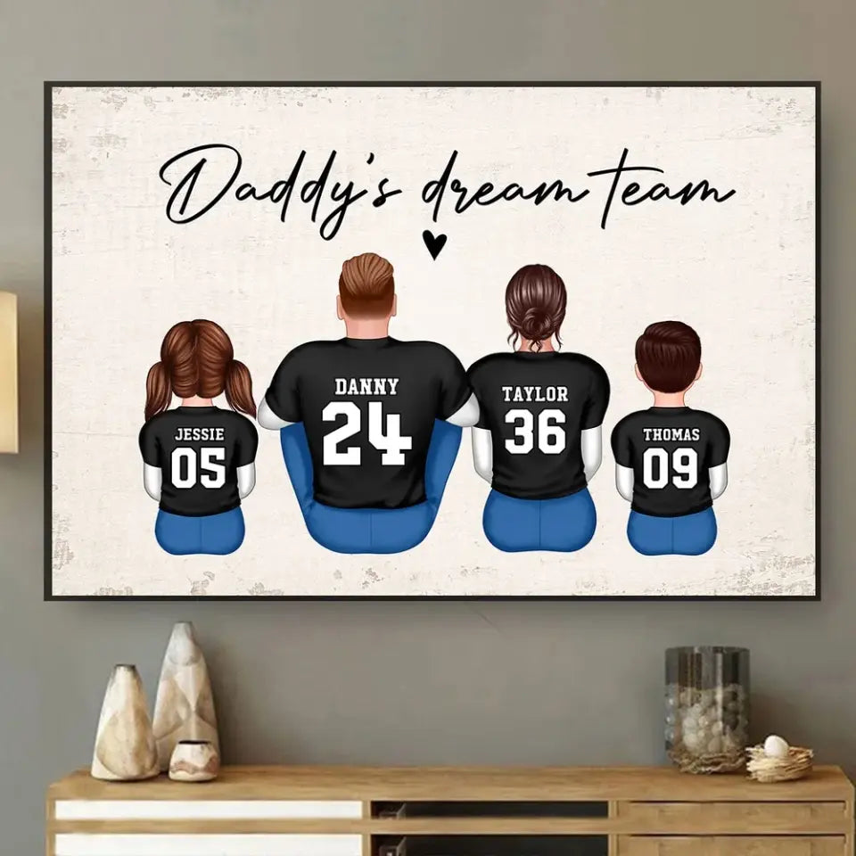 Daddy's Team Football Family Sitting Personalized Poster, Father's Day Gift For Dad, Grandpa, Husband