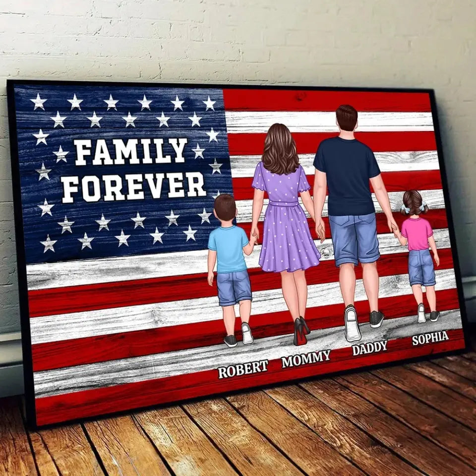 American Nation Flag Whole Family Walking With Proud 4th Of July Independence Day Personalized Poster