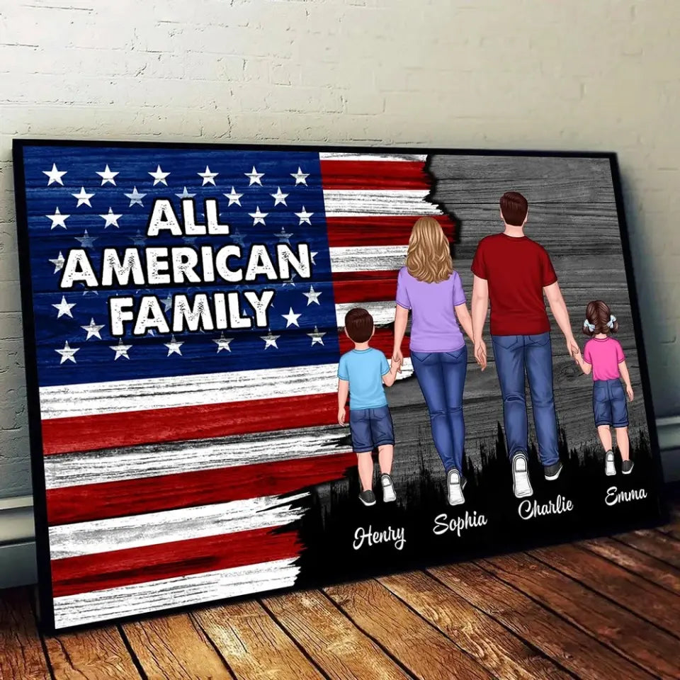 American Nation Flag Family Walking Back View Half Flag Concept 4th Of July Independence Day Personalized Poster