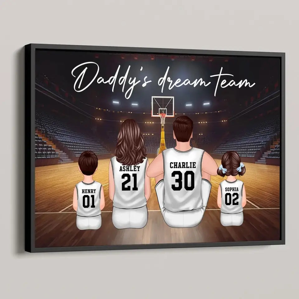 Daddy's Team Basketball Family Sitting Personalized Poster, Gift For Family, Dad, Grandpa, Husband