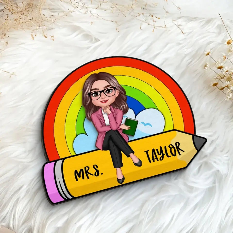 Doll Teacher Pencil Rainbow Personalized 2-Layer Wooden Plaque, Back To School Gift