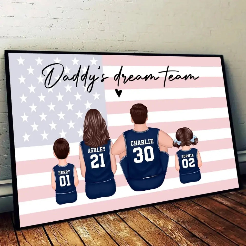 Daddy's Team Basketball Family Sitting Personalized Poster, Gift For Family, Dad, Grandpa, Husband