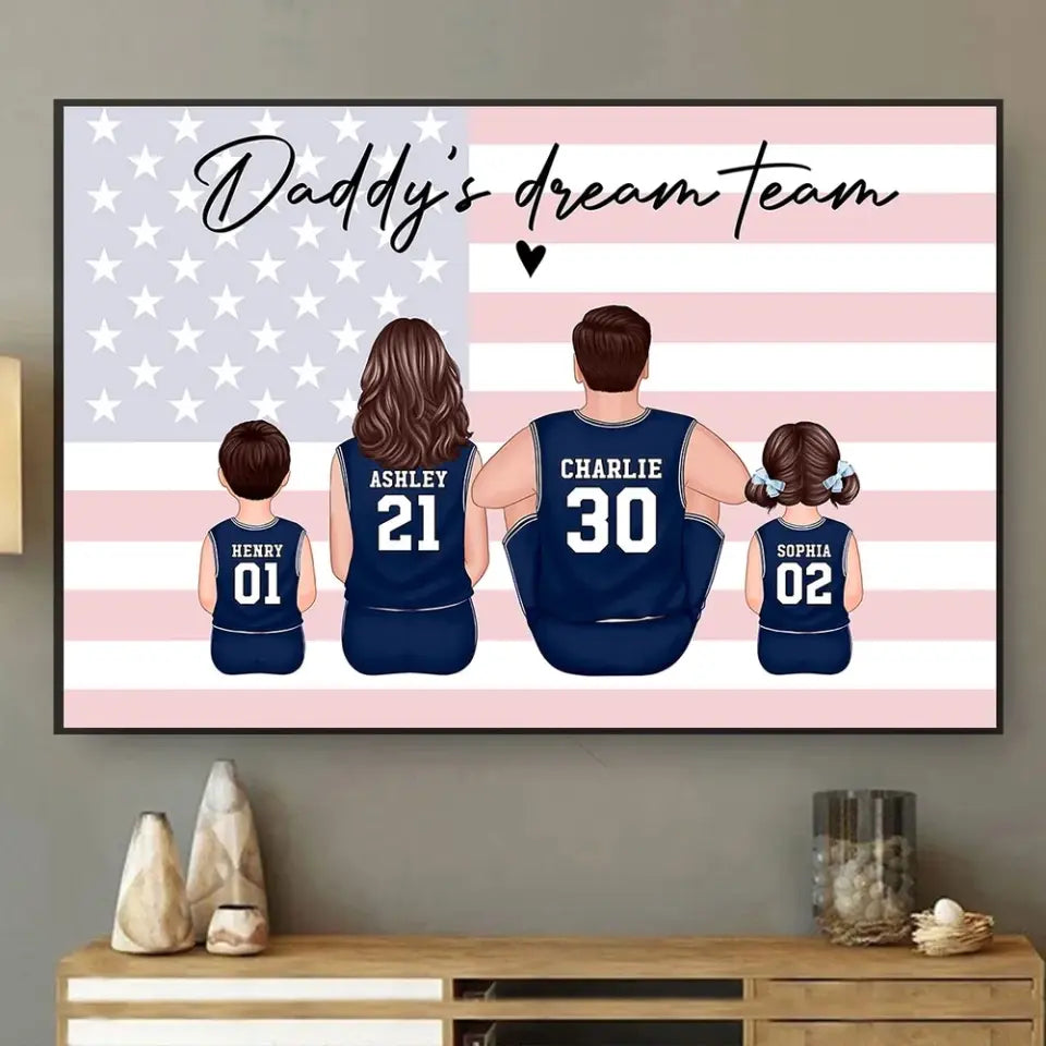 Daddy's Team Basketball Family Sitting Personalized Poster, Gift For Family, Dad, Grandpa, Husband