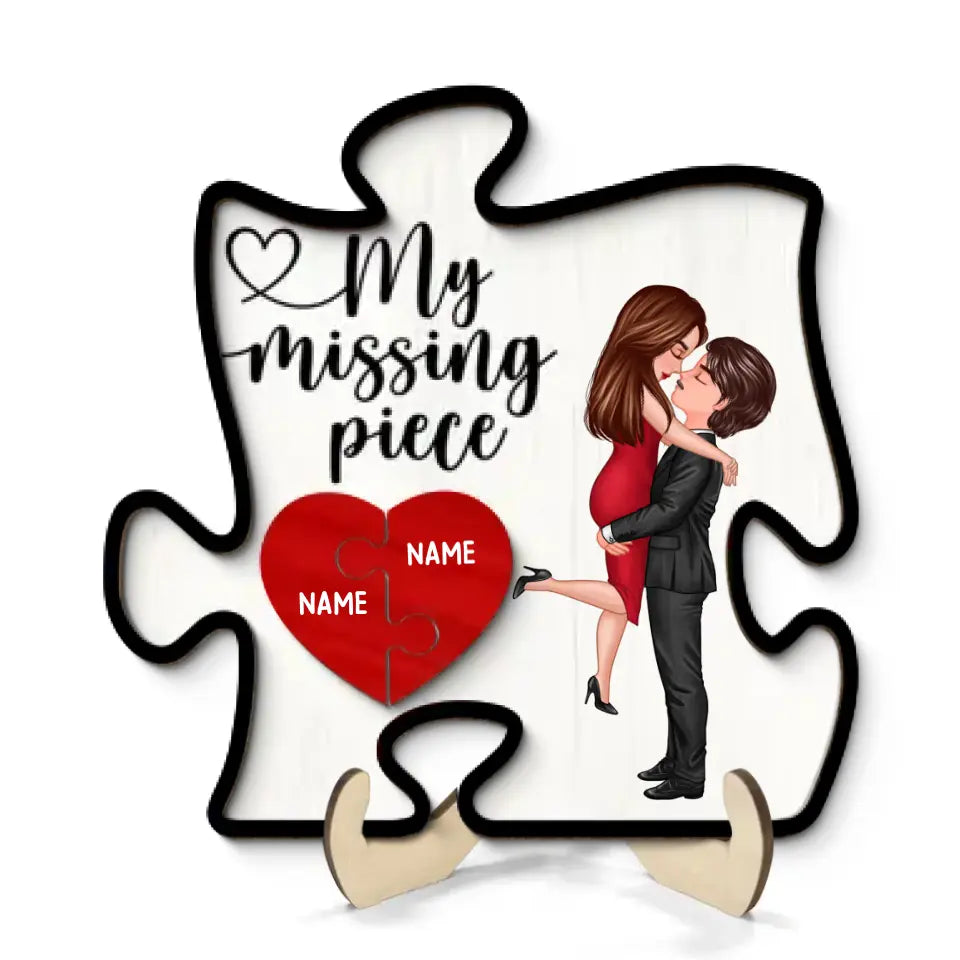 My Missing Piece Couple Hugging Kissing Valentine‘s Day Gift Puzzle Shaped Personalized 2-Layer Wooden Plaque