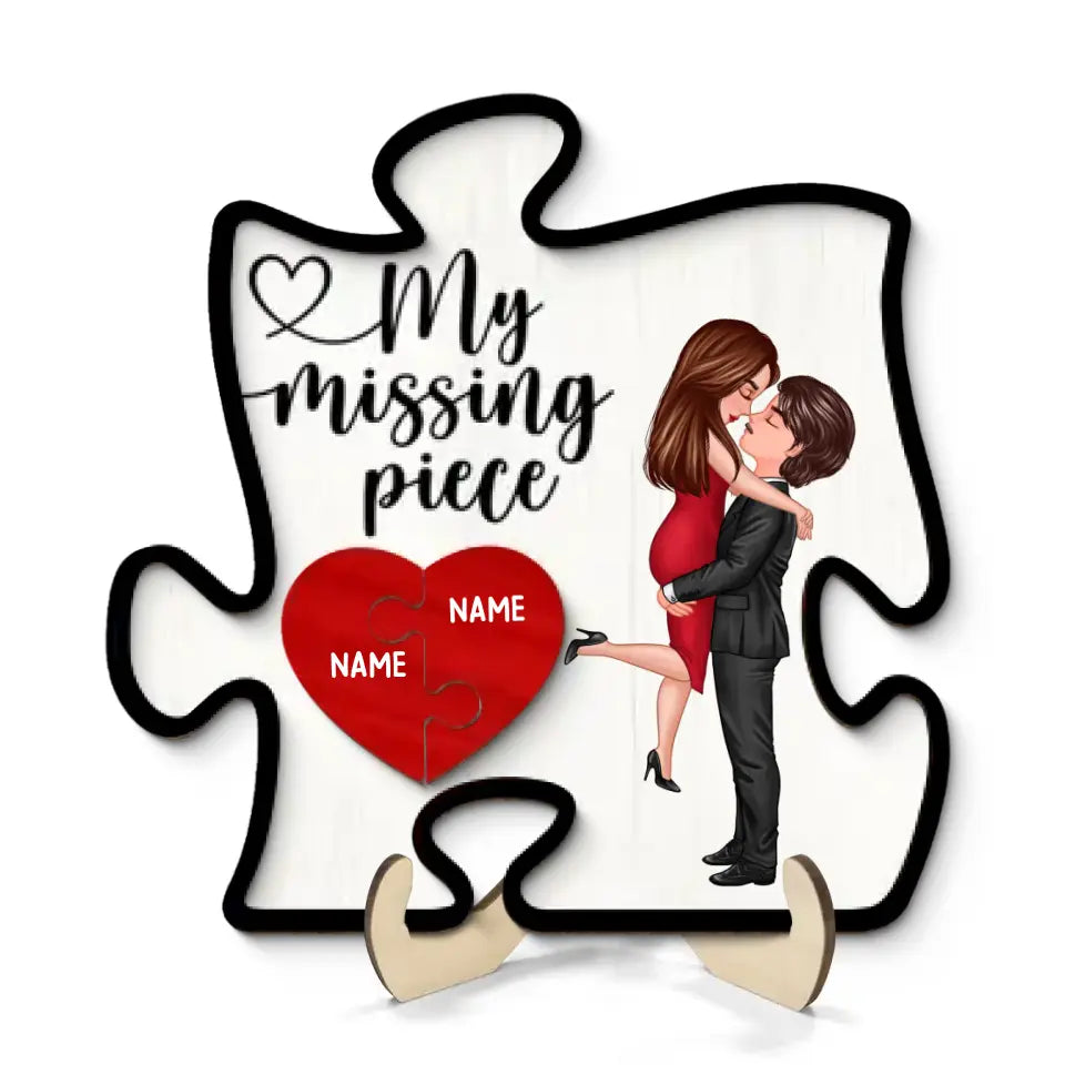 My Missing Piece Couple Hugging Kissing Valentine‘s Day Gift Puzzle Shaped Personalized 2-Layer Wooden Plaque