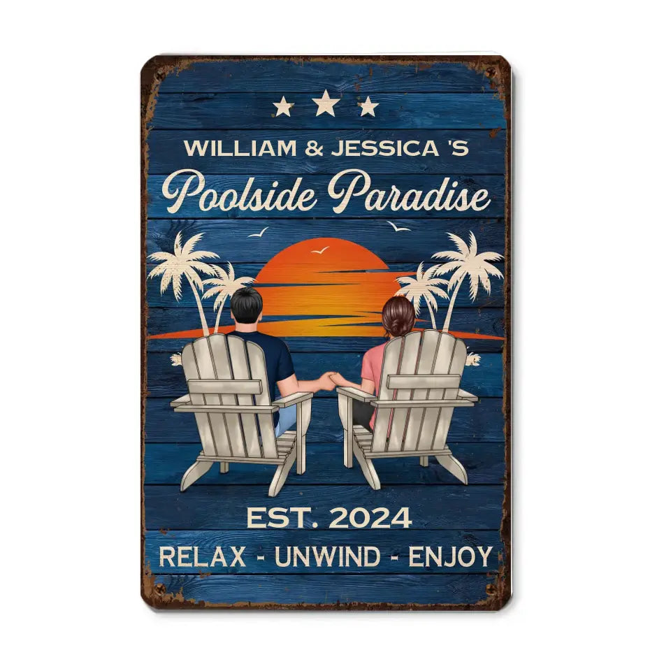 Swimming Pool Zone Decor Couple Sitting Personalized Metal Sign