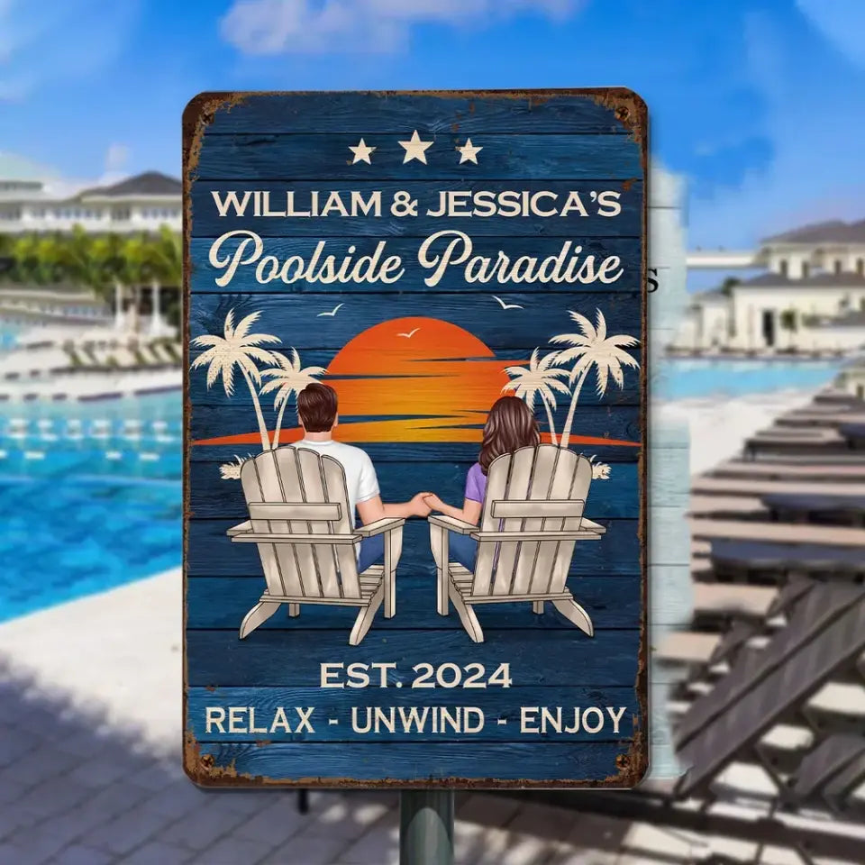 Swimming Pool Zone Decor Couple Sitting Personalized Metal Sign