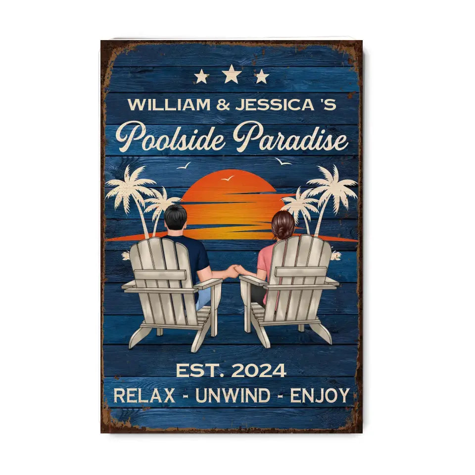 Swimming Pool Zone Decor Couple Sitting Personalized Metal Sign