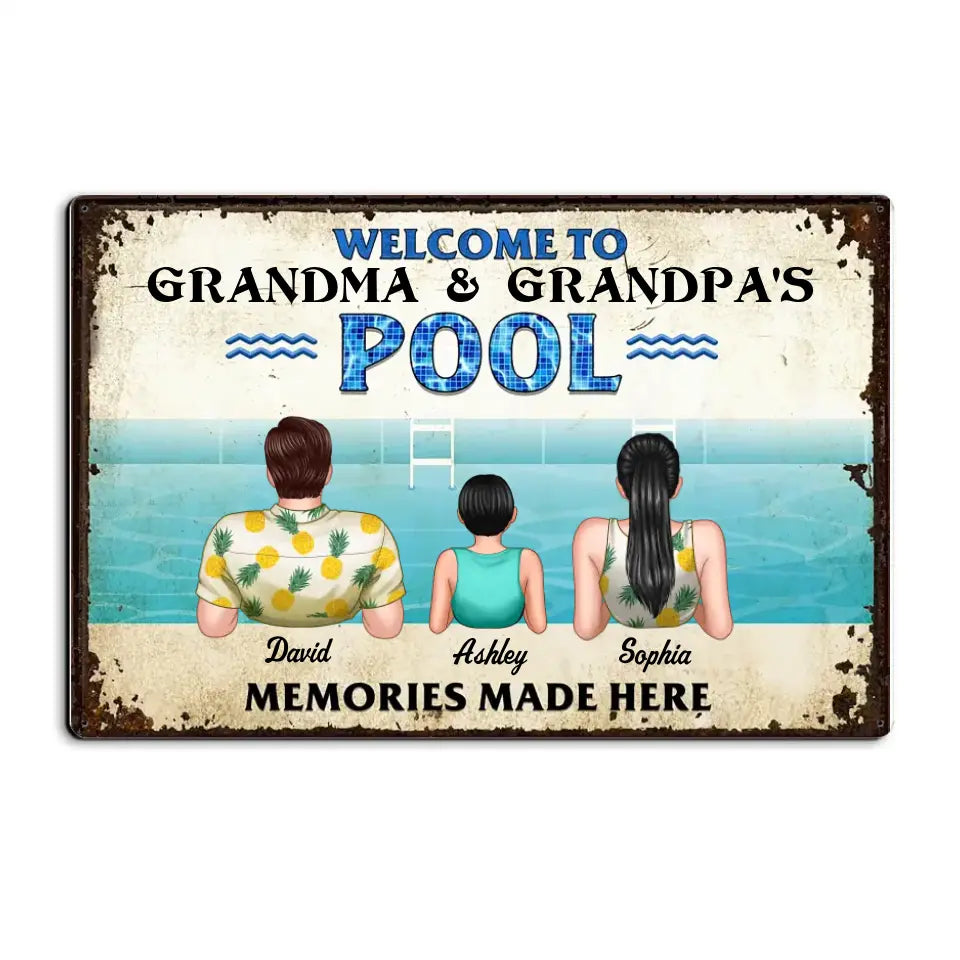 Grandparents Pool With Grandkids Personalized Metal Sign