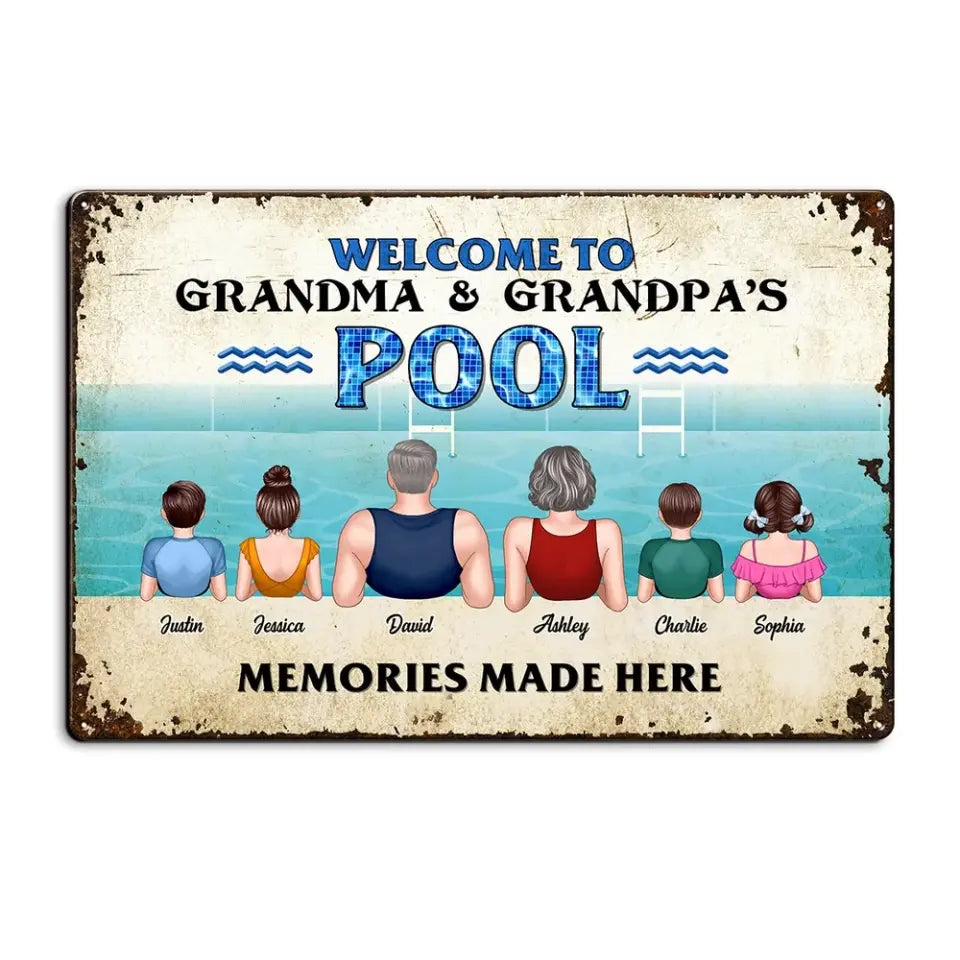 Grandparents Pool With Grandkids Personalized Metal Sign