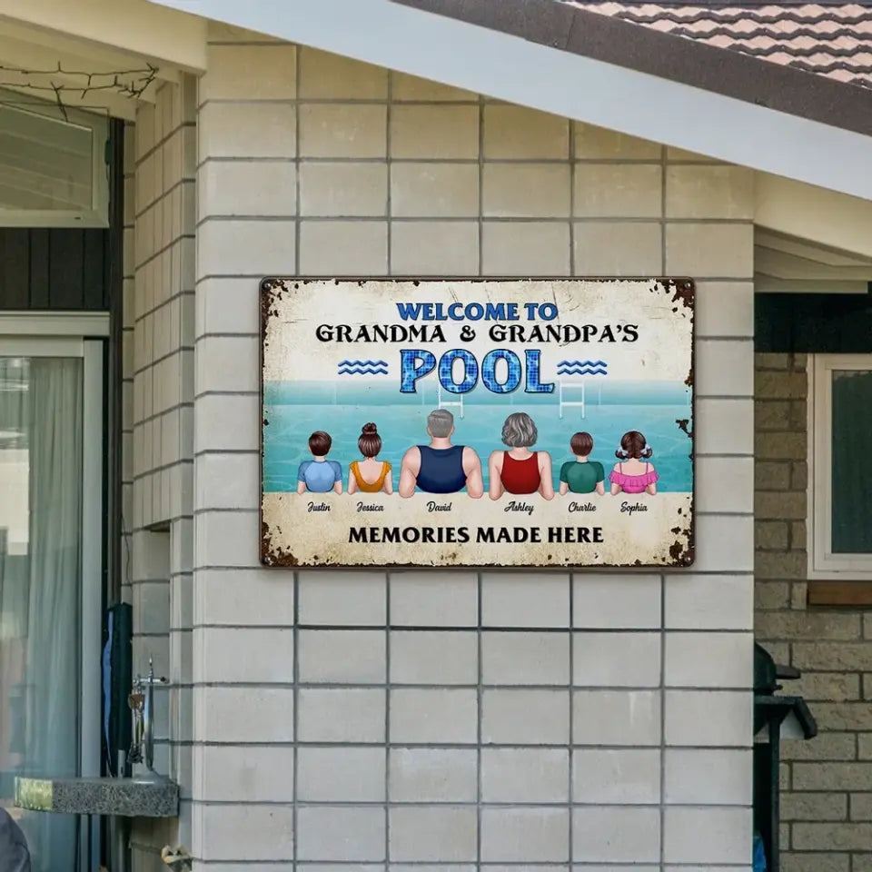 Grandparents Pool With Grandkids Personalized Metal Sign