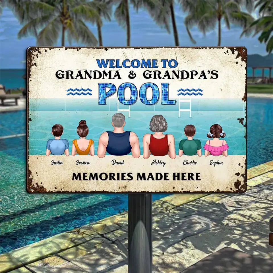 Grandparents Pool With Grandkids Personalized Metal Sign