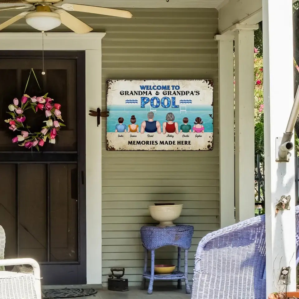 Grandparents Pool With Grandkids Personalized Metal Sign