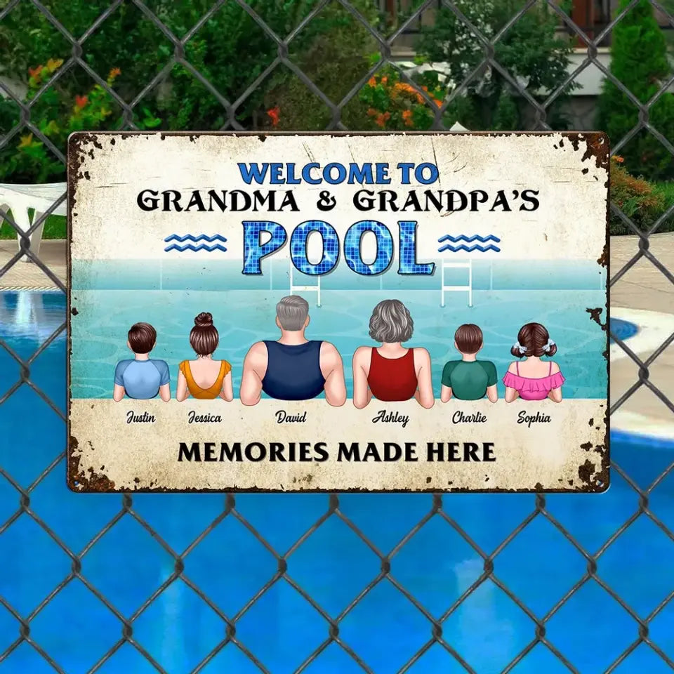 Grandparents Pool With Grandkids Personalized Metal Sign