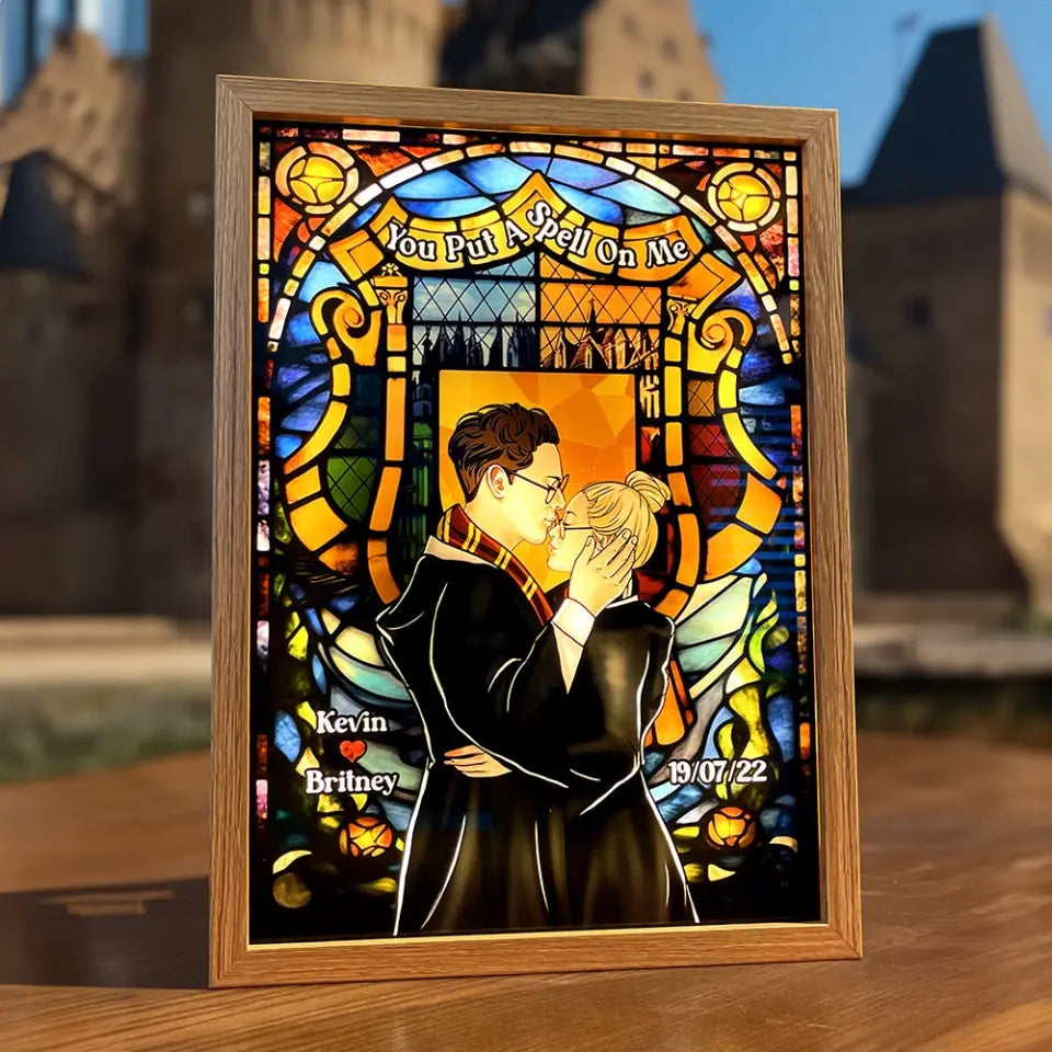 Wizard And Witch Couple Personalized Light Frame With Stained Glass Art