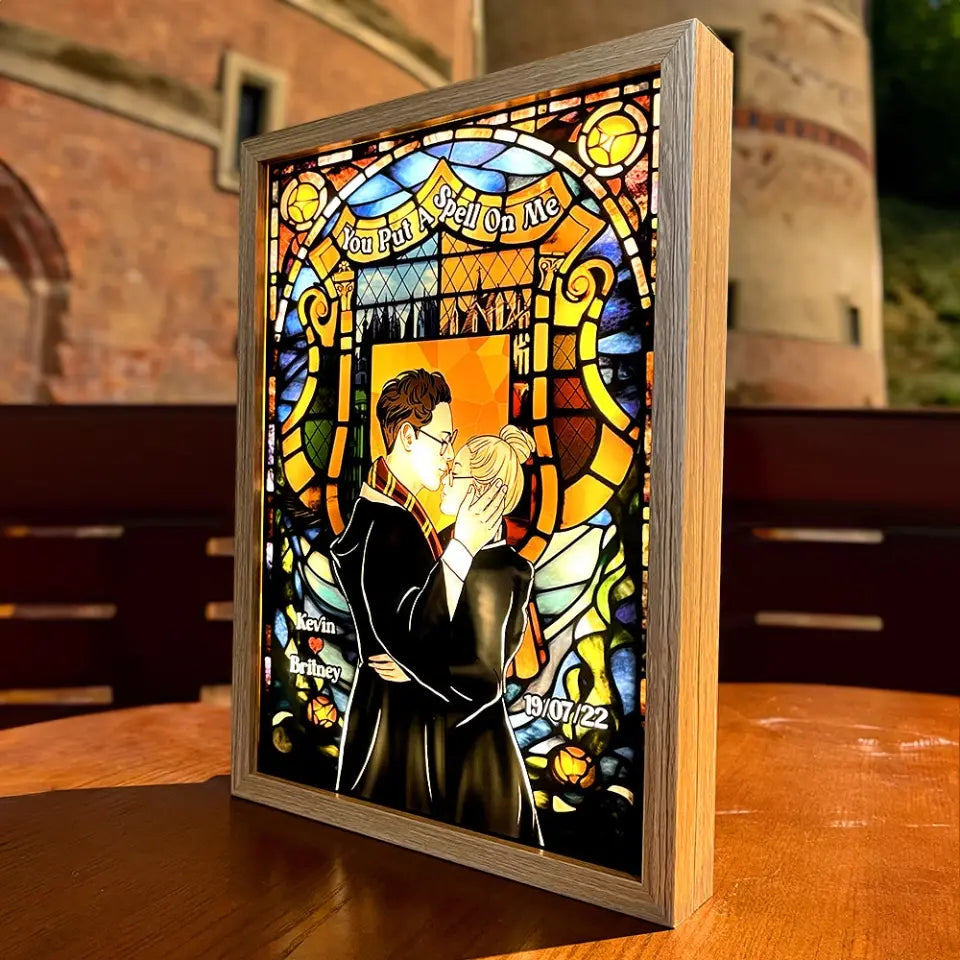 Wizard And Witch Couple Personalized Light Frame With Stained Glass Art