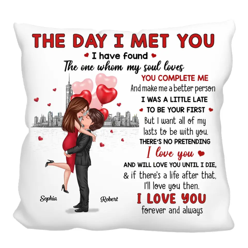 The Day I Met You Doll Hugging Couple Valentine‘s Anniversary Gift For Him Gift For Her Personalized Pillow