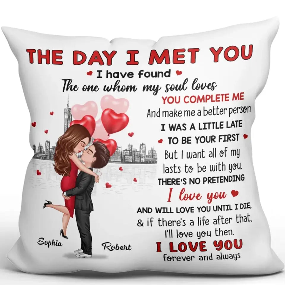 The Day I Met You Doll Hugging Couple Valentine‘s Anniversary Gift For Him Gift For Her Personalized Pillow