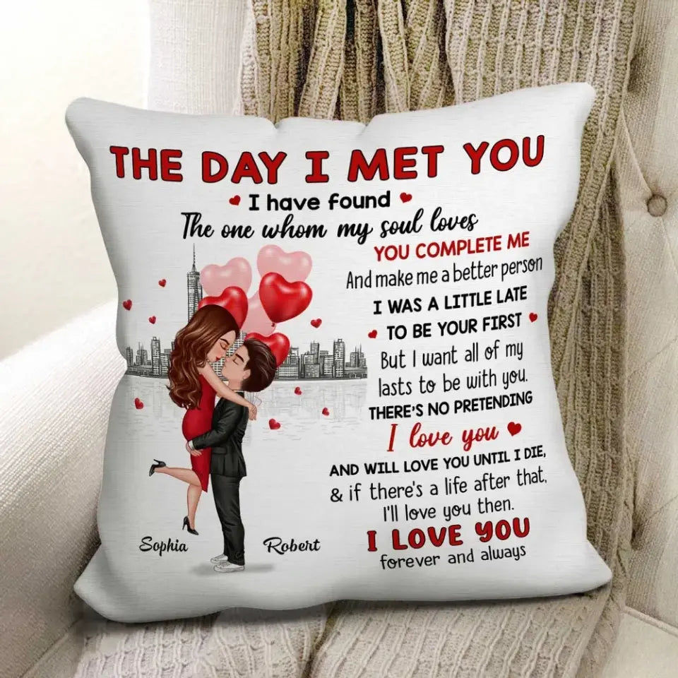 The Day I Met You Doll Hugging Couple Valentine‘s Anniversary Gift For Him Gift For Her Personalized Pillow