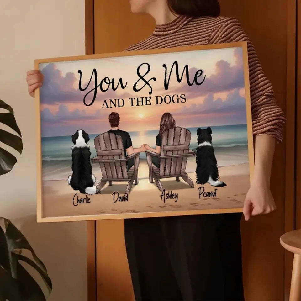 You Me And The Dogs Cats Couple Realistic Beach Landscape Personalized Poster, Birthday Gift, Anniversary Gift For Him, For Her