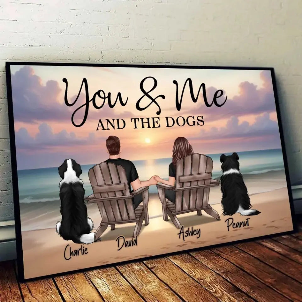 You Me And The Dogs Cats Couple Realistic Beach Landscape Personalized Poster, Birthday Gift, Anniversary Gift For Him, For Her