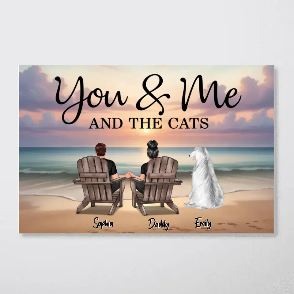 You Me And The Dogs Cats Couple Realistic Beach Landscape Personalized Poster, Birthday Gift, Anniversary Gift For Him, For Her