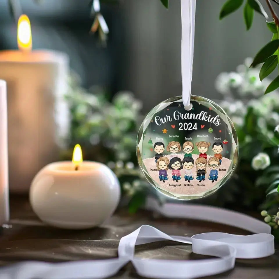 Grandchildren's Love, Infinite Contentment - Family Personalized Custom Circle Glass Ornament - Christmas Gift For Family Members