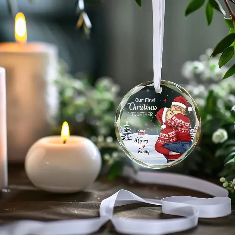 Our First Christmas - Couple Personalized Custom Circle Glass Ornament - Gift For Husband Wife, Anniversary