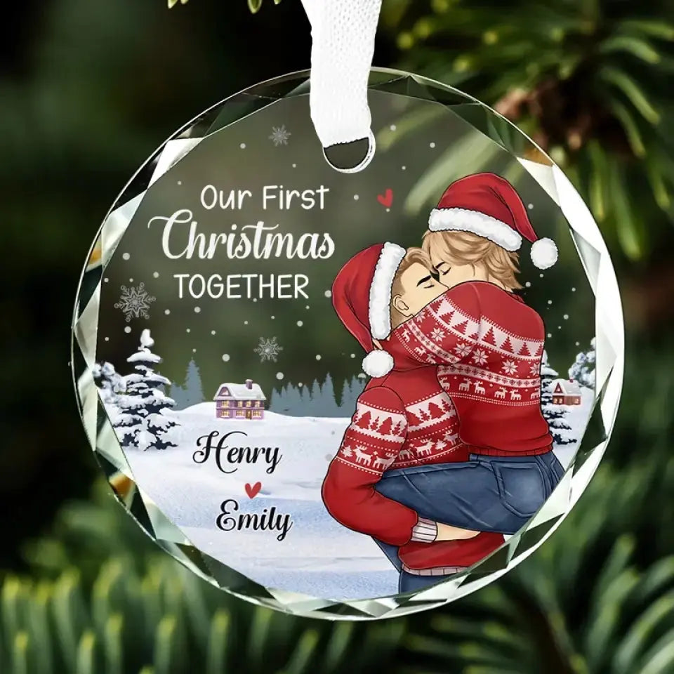 Our First Christmas - Couple Personalized Custom Circle Glass Ornament - Gift For Husband Wife, Anniversary