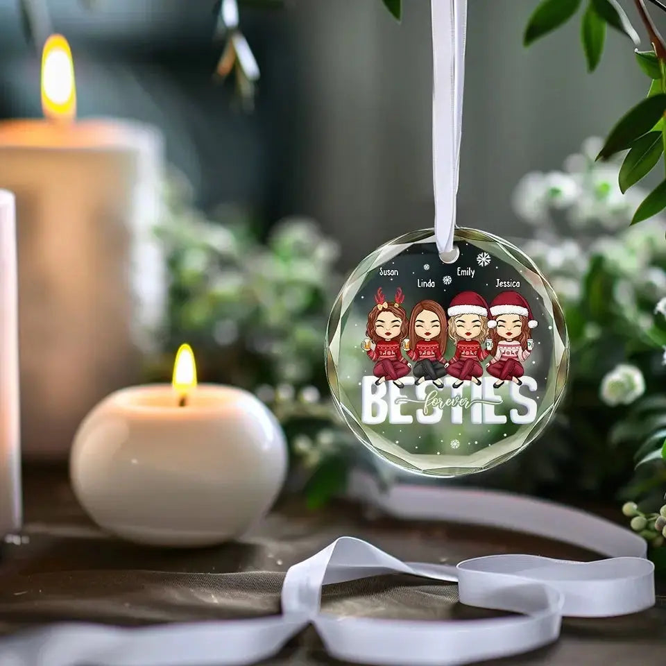 Besties Forever - Bestie Personalized Custom Circle Glass Ornament - Christmas Gift For Best Friends, BFF, Sisters