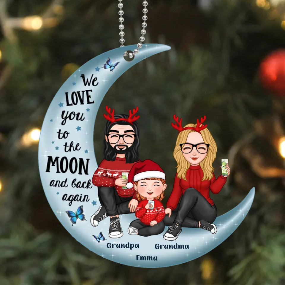 Cute Grandma Grandpa Grandparents & Grandkid On Moon Personalized Acrylic Ornament