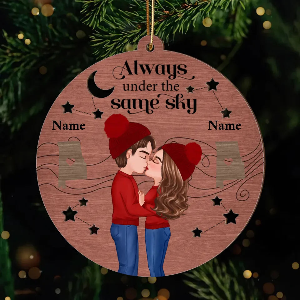 Always Under The Same Sky Personalized 2-Layer Wooden Ornament, Christmas Gifts for Boyfriend Long Distance Relationship Gift