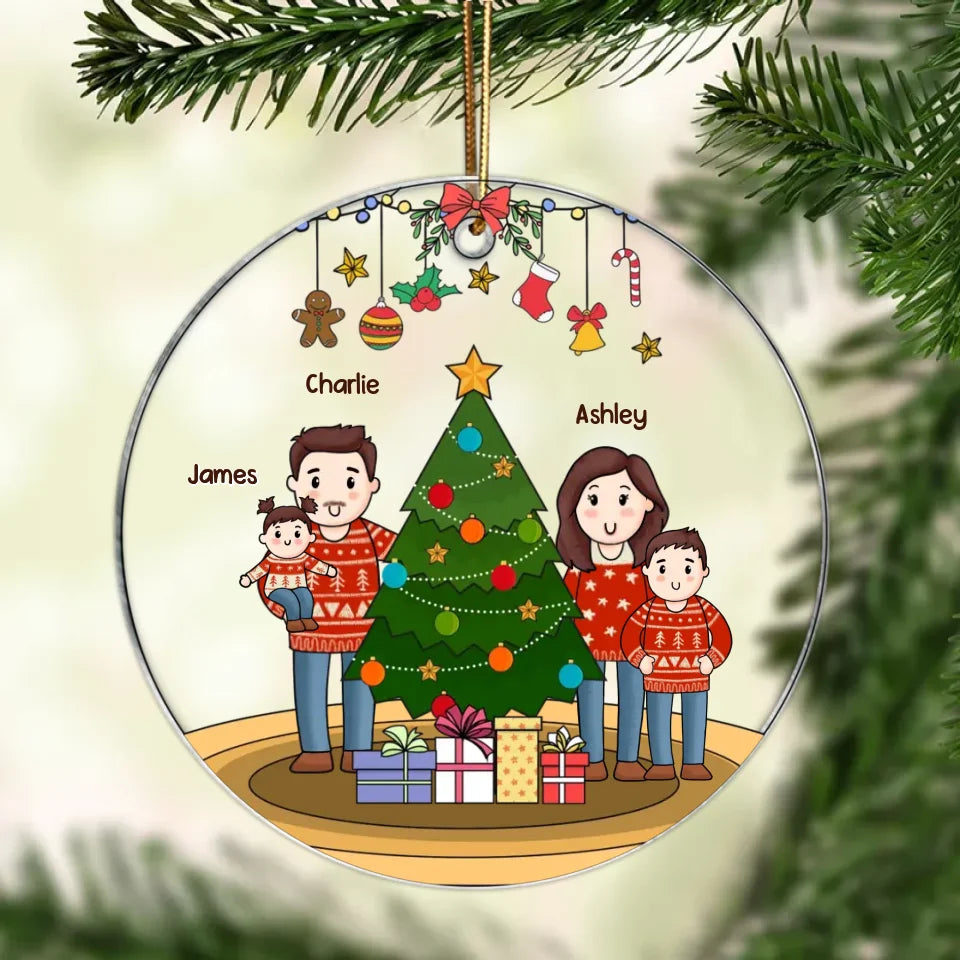 Comic Family Standing Around Christmas Tree Personalized Acrylic Ornament, Christmas Gift For Family