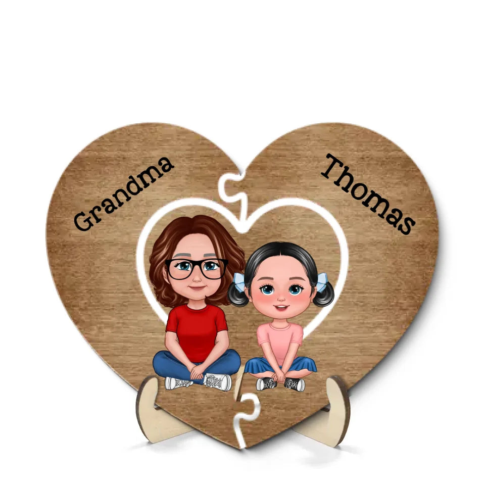 Grandma Grandkids Sitting Puzzle Heart Mother‘s Day Gift Personalized 2-Layer Wooden Plaque